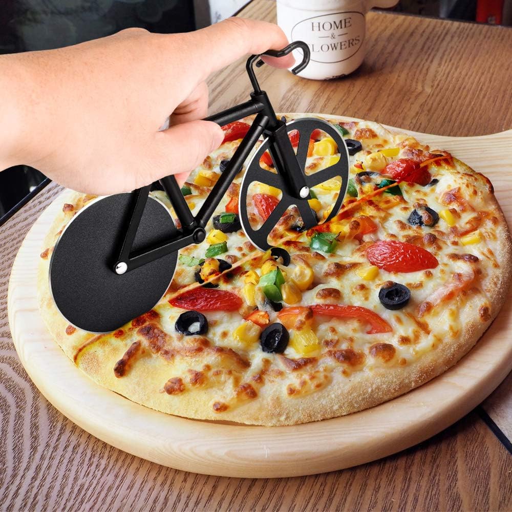 Bicycle Pizza Cutter,Non-stick Bike Pizza Slicer, Dual Stainless Steel Cutting Wheels best for Pizza Lovers,Holiday Vacation Funny White Elephant Gifts Exchange Kitchen Gadget Cool Men's Gift